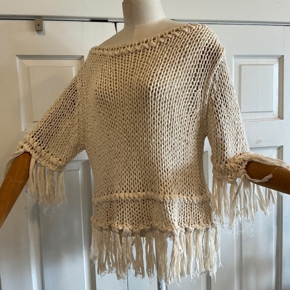 Free people cream cotton sweater with fringe! - Picture 1 of 8